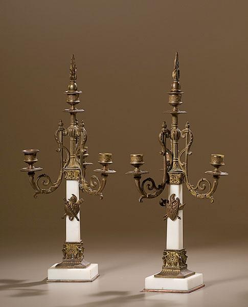 Appraisal: NAPOLEON III ORMOLU AND MARBLE CANDELABRA French ca - gilt