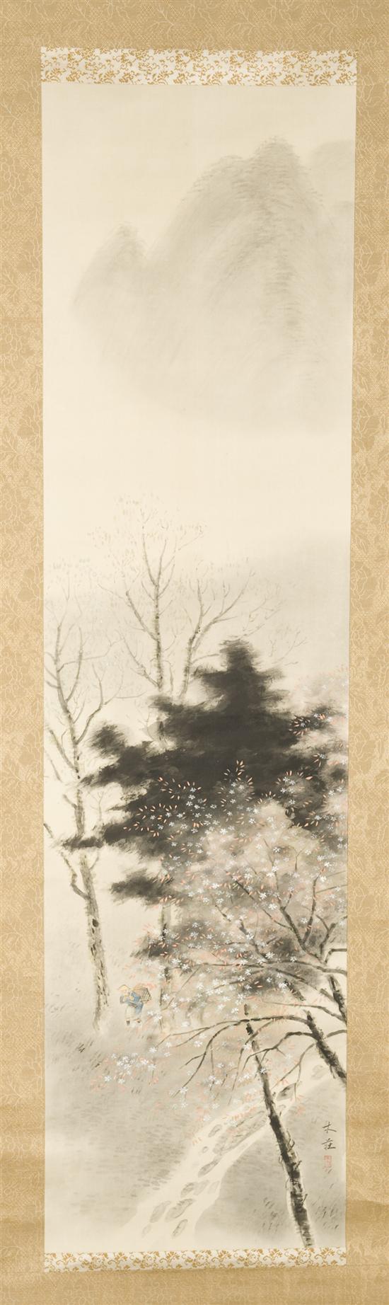 Appraisal: Two Japanese scroll paintings Man in wooded landscape with stream