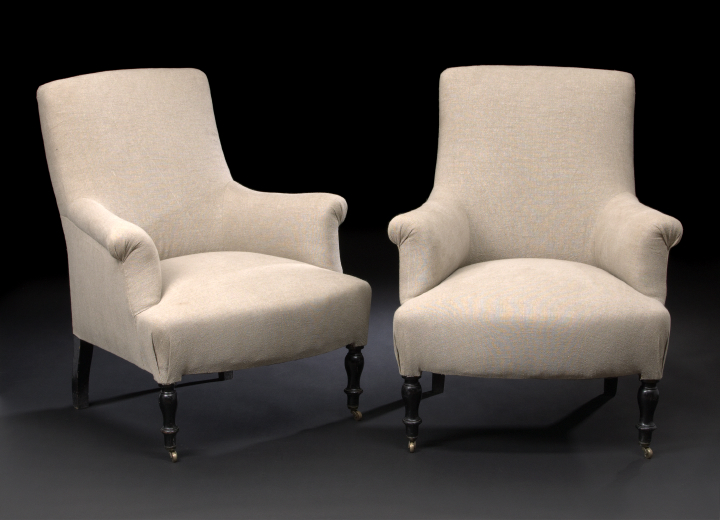 Appraisal: Pair of Edwardian Ebonized and Upholstered Armchairs ca each with