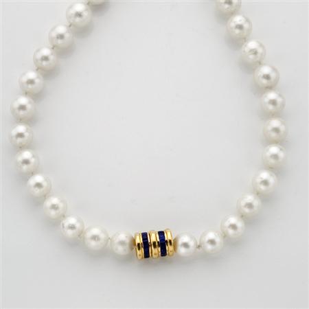 Appraisal: Cultured Pearl Necklace with Gold and Sapphire Clasp Estimate -