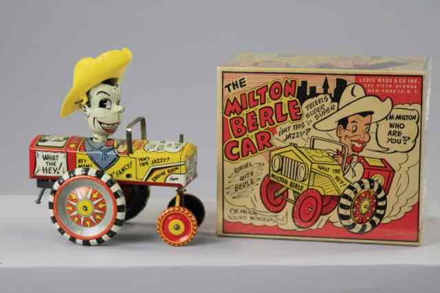 Appraisal: MILTON BERLE CAR YELLOW HAT Louis Marx boxed example lithographed