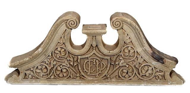 Appraisal: AN ANTIQUE CARVED STONE BROKEN SCROLL PEDIMENT with carved open