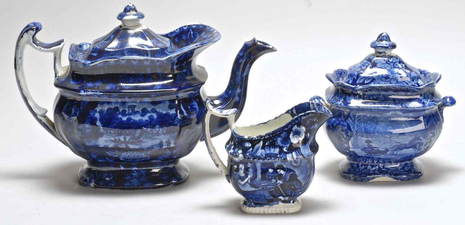 Appraisal: THREE-PIECE DARK BLUE STAFFORDSHIRE TEA SETEnglish Second Quarter of the