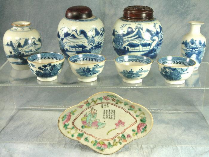 Appraisal: Canton ginger jars wood lids h blue white decorated Chinese