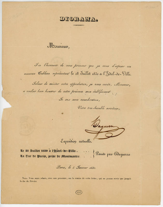 Appraisal: SIGNED DAGUERRE INVITATION TO VIEW HIS DIORAMA The invitation is