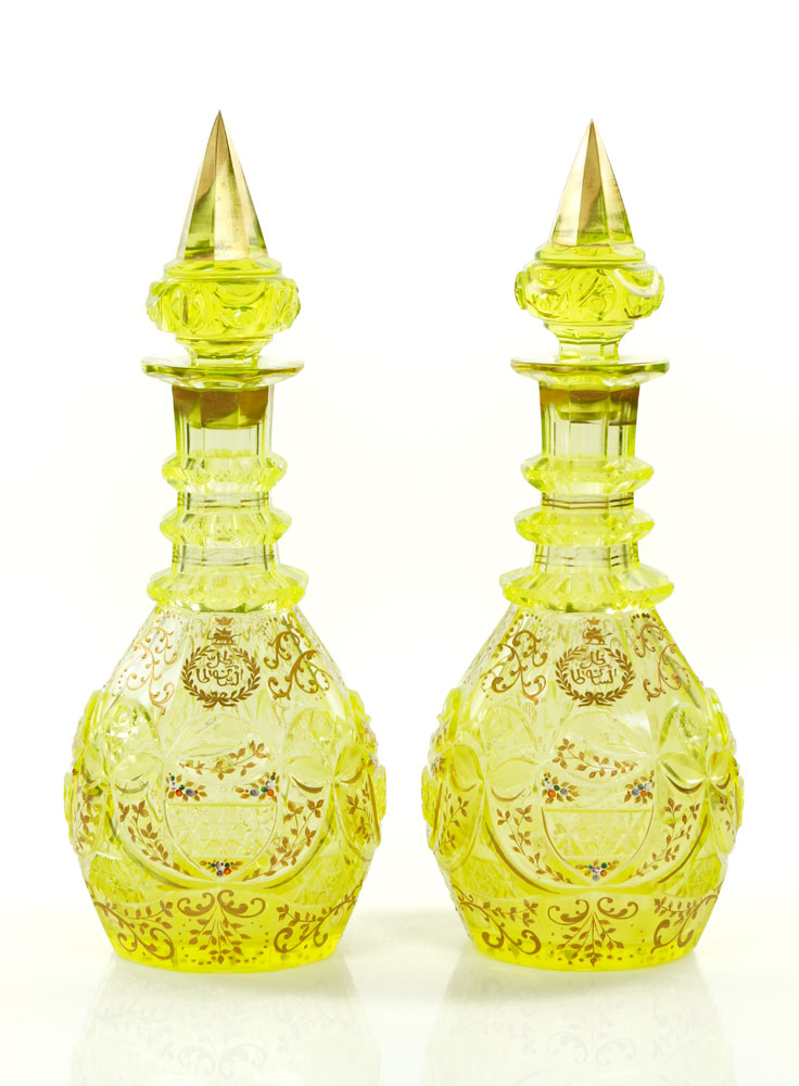 Appraisal: - Pr Antique Bohemian Cut Glass Decanters Antique pair of