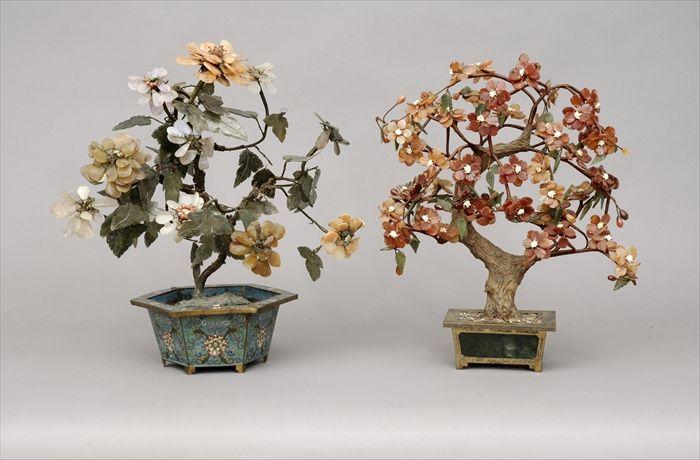 Appraisal: Two Chinese Jade Flowering Trees One in cloisonn enamel jardiniere