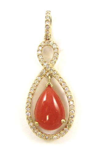 Appraisal: CORAL DIAMOND AND FOURTEEN KARAT GOLD PENDANT with round-cut diamonds