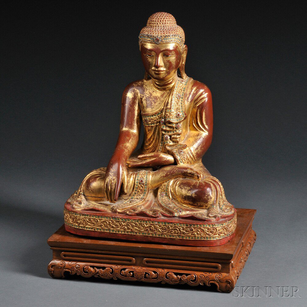 Appraisal: Inlaid Giltwood Figure of Shakyamuni Burma th century seated in