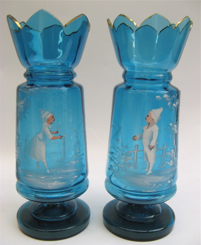 Appraisal: PAIR OF MARY GREGORY VASES painted white boy and girl