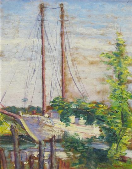 Appraisal: HELENA WAY FITZPATRICK american SAILBOAT IN HARBOR Signed bottom right