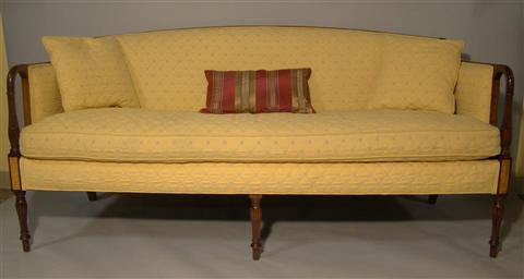 Appraisal: FEDERAL INLAID MAHOGANY SOFA WITH YELLOW UPHOLSTERY The sloped back