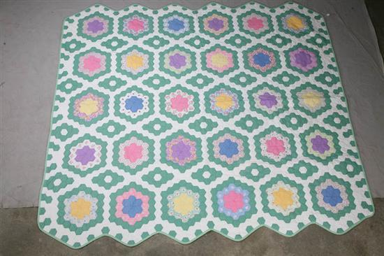 Appraisal: PIECED QUILT Grandma''s Flower Garden pattern with scalloped border w