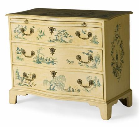 Appraisal: A George III painted serpentine chest of drawers painted decoration