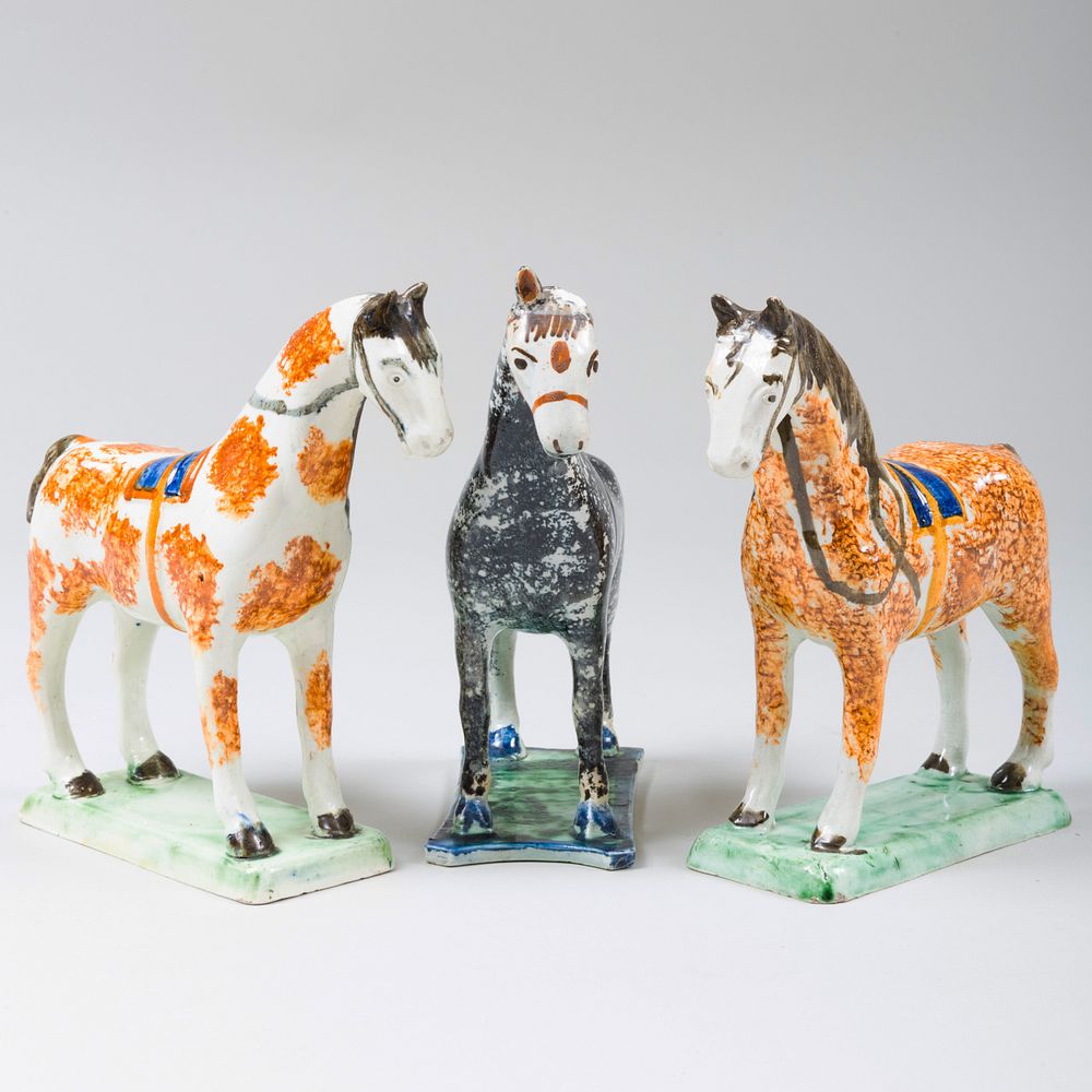 Appraisal: Group of Three English Creamware Sponge Painted Models of Horses