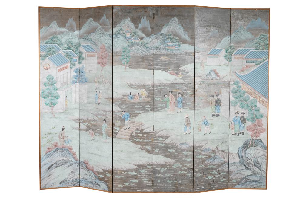 Appraisal: SIX-FOLD CHINESE-STYLE PAINTED SCREENpainted paper mounted to wood each panel