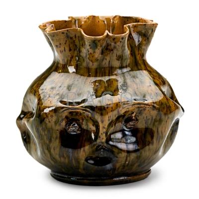 Appraisal: GEORGE OHR Rare pinched face vase green brown and amber