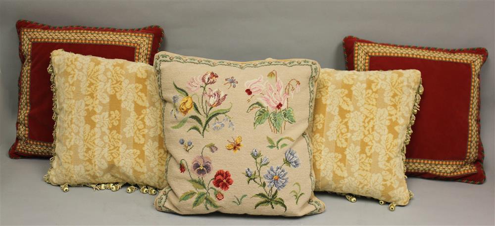 Appraisal: DESIGNER GROUP OF FIVE ASSORTED BESPOKE COORDINATING CUSHIONS INCLUDING A