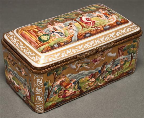 Appraisal: Capodimonte gilt metal-mounted porcelain dresser box th century sides and