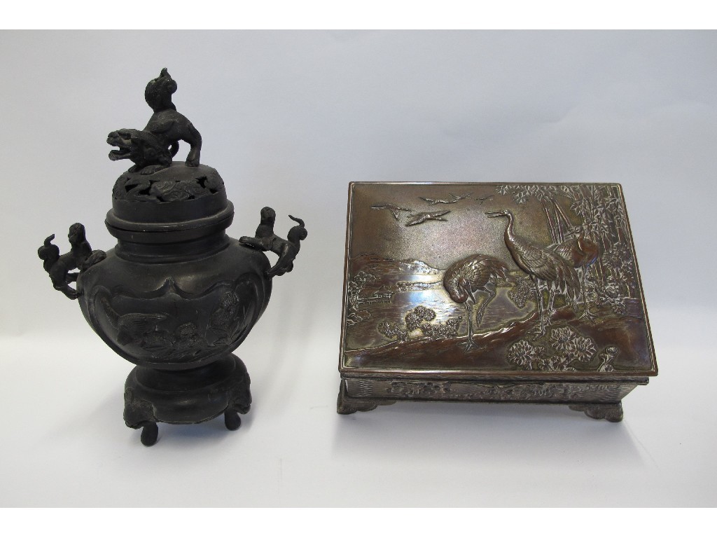 Appraisal: Japanese plated metal box cast in relief with herons and