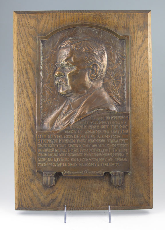 Appraisal: THEODORE ROOSEVELT PATINATED METAL PLAQUE Patinated metal plaque featuring Theodore