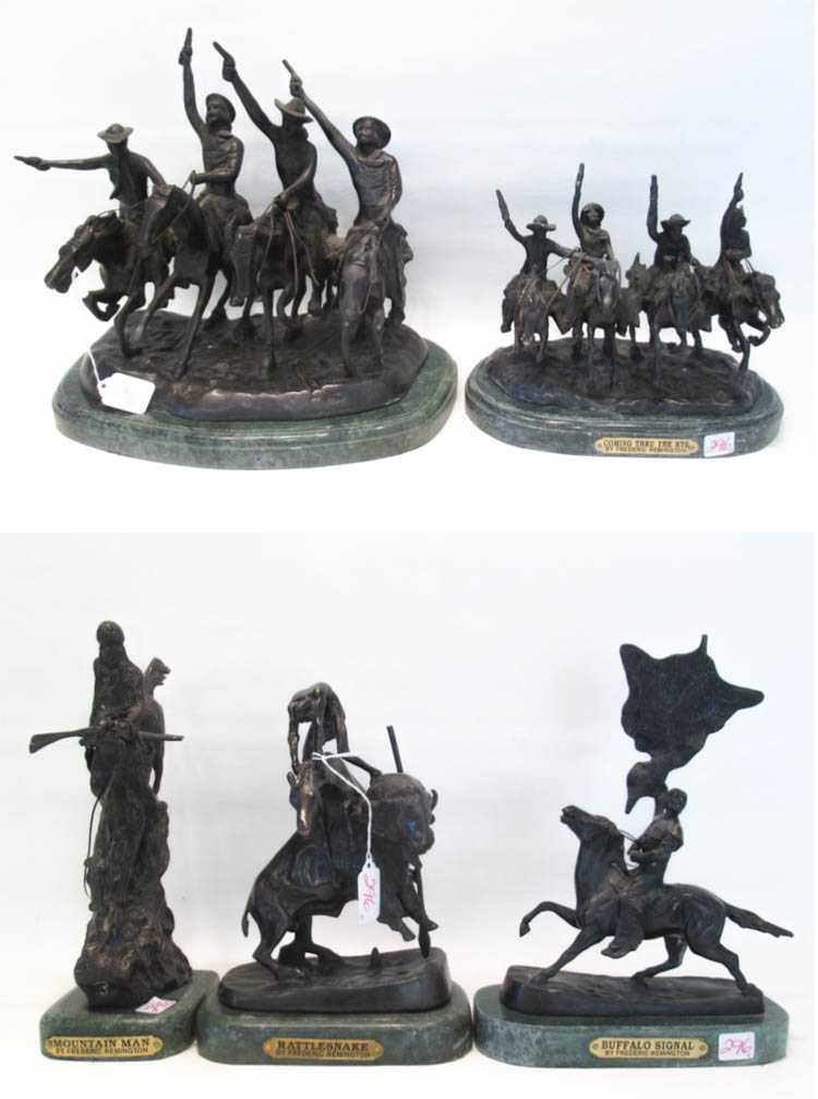 Appraisal: FIVE PATINATED BRONZE SCULPTURES AFTER FREDERIC REMINGTON depicting figures on