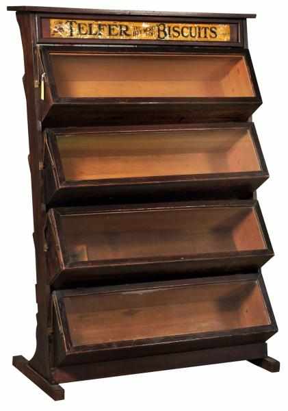 Appraisal: Oak Telfer Biscuits Display Rack Description Nice original header Condition