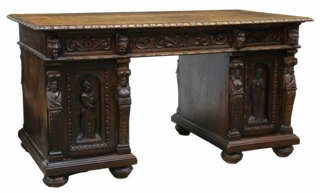 Appraisal: Renaissance Revival carved oak desk late th c finished on