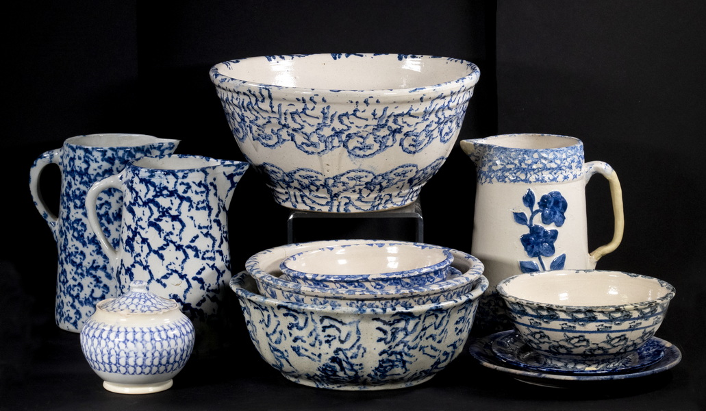 Appraisal: PCS BLUE AND WHITE SPONGEWARE Lot of Pieces of Sponge