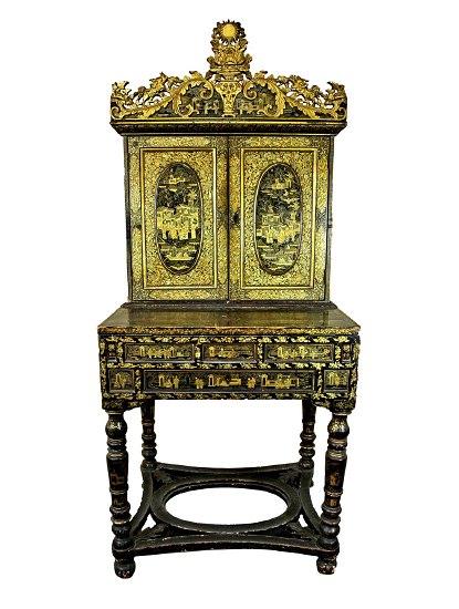 Appraisal: An early th Century Chinese black and gold lacquer cabinet