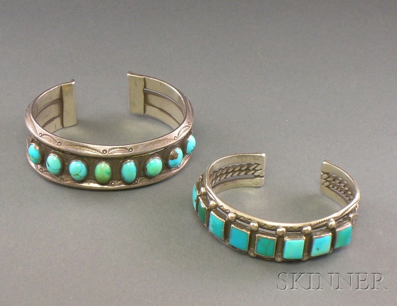 Appraisal: Two Southwest Silver and Turquoise Bracelets Navajo both stamped one