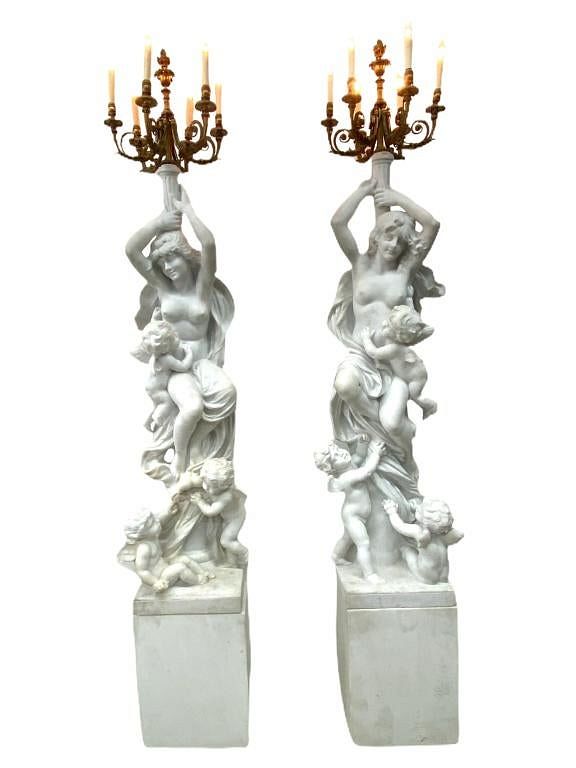 Appraisal: A Pair of Ormolu-Enriched Marble Nymph Candelabra th Century Pair