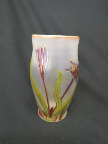 Appraisal: Fritz Heckart Enameled Art Glass Vase floral on iridescent body