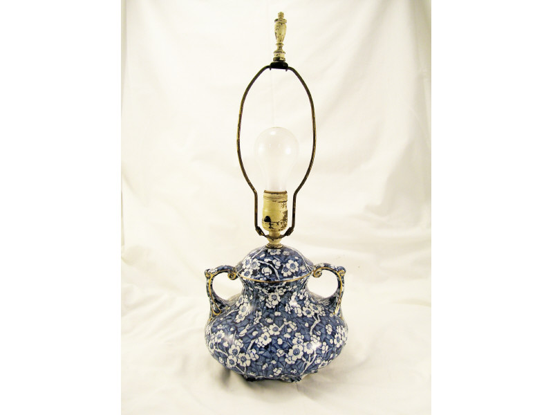 Appraisal: Blue White Transferware English Lamp Two handled stoneware body with