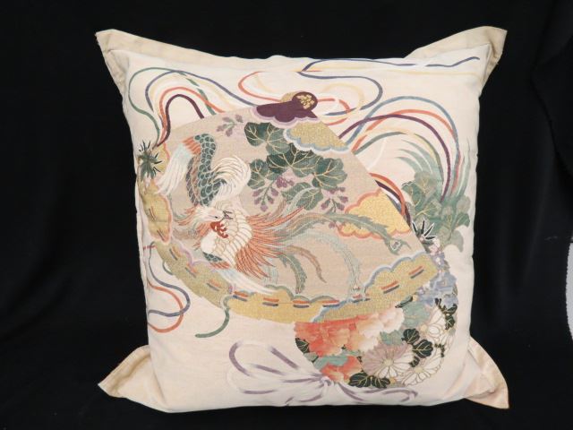 Appraisal: Oriental Embroidered Silk Pillow flying phoenix floral gold threads square