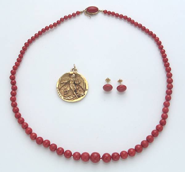 Appraisal: A coral and k gold necklace and earring set together