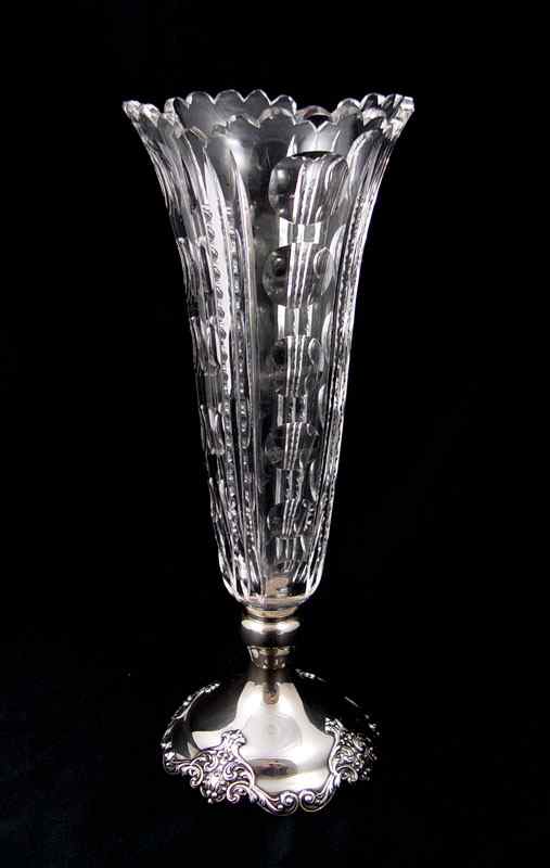 Appraisal: GORHAM STERLING MOUNTED CUT GLASS VASE Flared rim vase cut