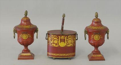 Appraisal: PAIR OF FRENCH ROSE-GROUND TOLE PEINTE URNS AND COVERS AND