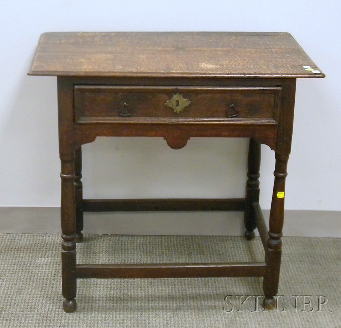 Appraisal: William Mary Style Oak Side Table with Drawer ht wd