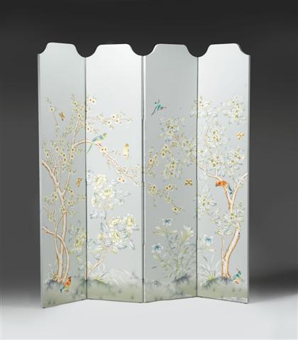 Appraisal: Hand painted four-fold floor screen th century Painted with flowering