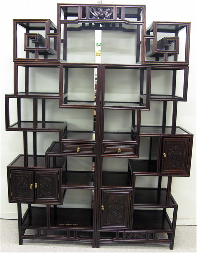 Appraisal: THREE-PIECE ROSEWOOD ETAGERE SET Chinese th century The set includes