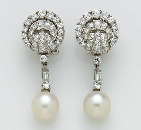 Appraisal: A pair of diamond and cultured pearl earrings pearls measuring