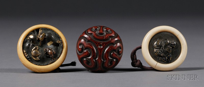 Appraisal: Three Netsuke th century two Kamigabata and a guri lacquered