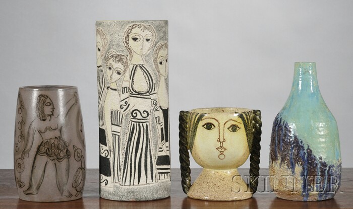 Appraisal: Four Mid-century Art Pottery Vases Glazed and decorated earthenware th