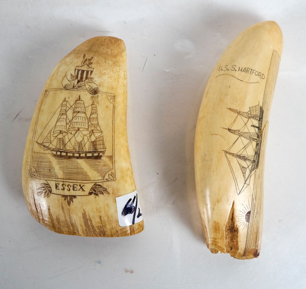 Appraisal: Scrimshaw Tooth Carvings- USS Hartford Essex One depicting a three-masted