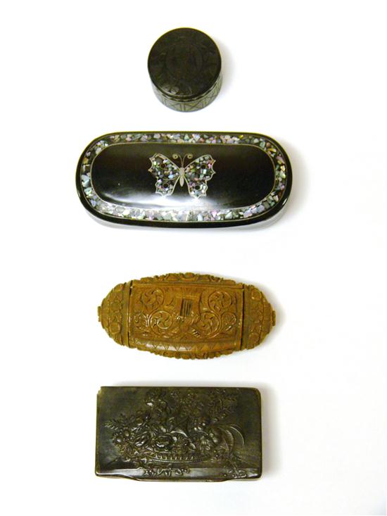 Appraisal: Four snuff patch boxes Continental including lacquer papier mache with