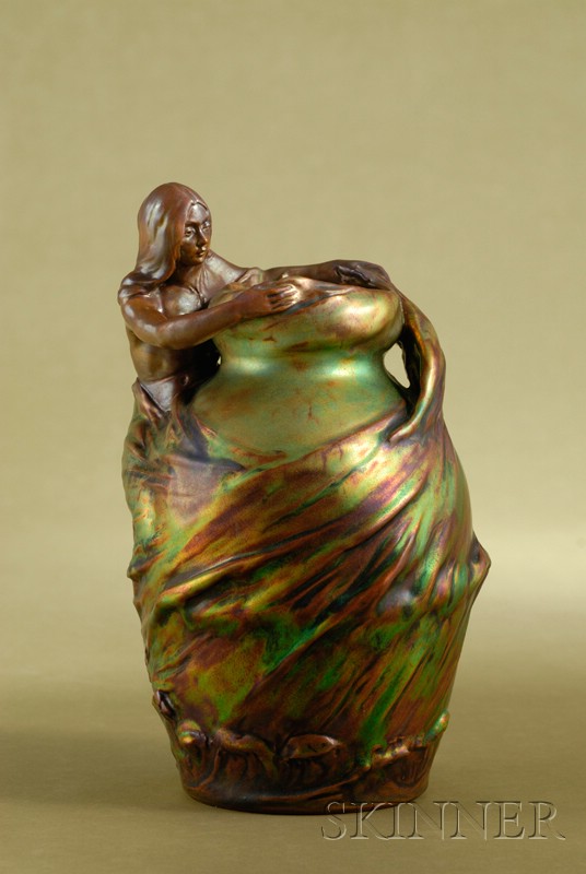 Appraisal: Zsolnay Green Eosin and Copper Glazed Figural Vase Hungary c