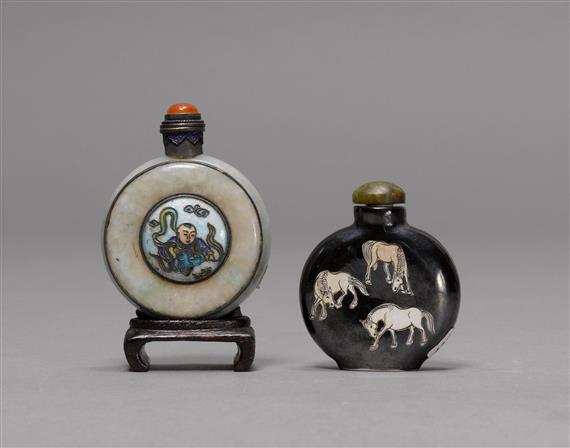 Appraisal: TWO SNUFF BOTTLES ONE IN ENAMEL WITH HORSES ONE IN