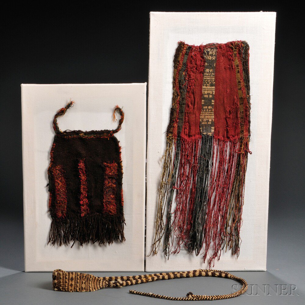 Appraisal: Three Pre-Columbian Textiles Peru two fringed coca bags and a