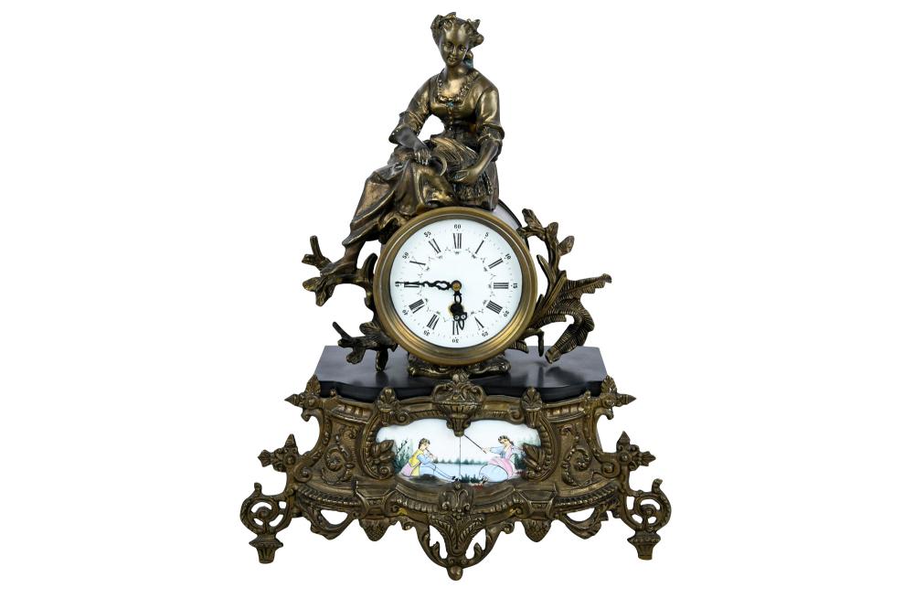 Appraisal: PORCELAIN GILT METAL MANTEL CLOCKwith inset porcelain plaque below clock